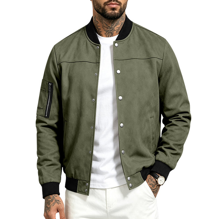 Herren Veloursleder‑Optik Bomberjacke mit Druckknopfleiste, Ärmeltasche und Rippbündchen Drune