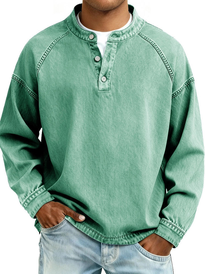 Herren nan verwaschenes Henley-Shirt mit Stehkragen, lockerer Passform und Knopfleiste Drune