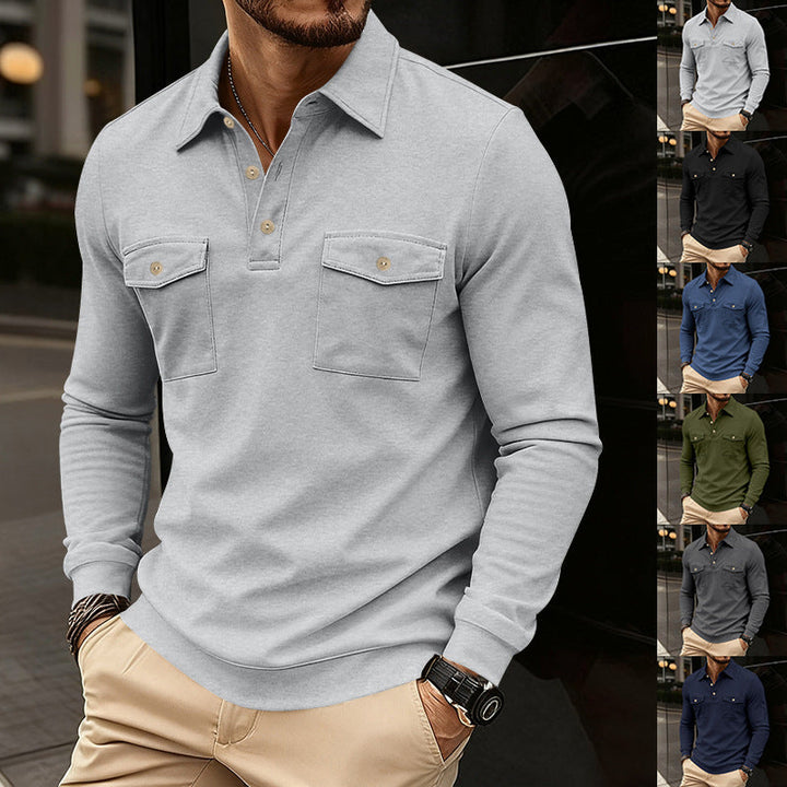Herren nan figurbetontes Langarm-Poloshirt mit Hemdkragen und aufgesetzten Brustklappen Drune