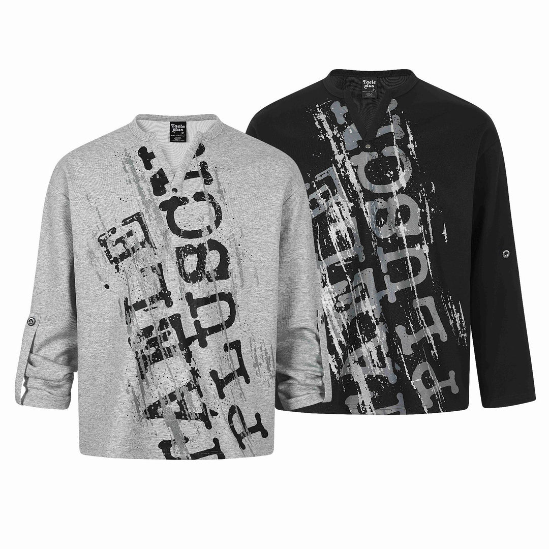 Unisex Oversize-Henley-Sweatshirt mit Notchkragen, 3/4-Ärmeln und Print Drune