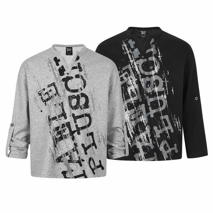 Unisex Oversize-Henley-Sweatshirt mit Notchkragen, 3/4-Ärmeln und Print Drune