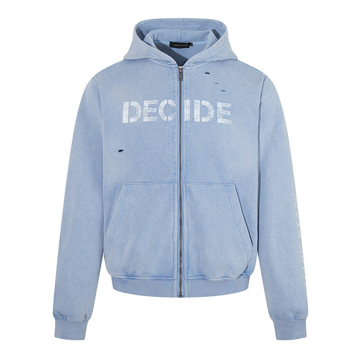 Herren Kapuzen-Zipjacke im Vintage-Look mit Statement-Print und Destroy-Details Drune