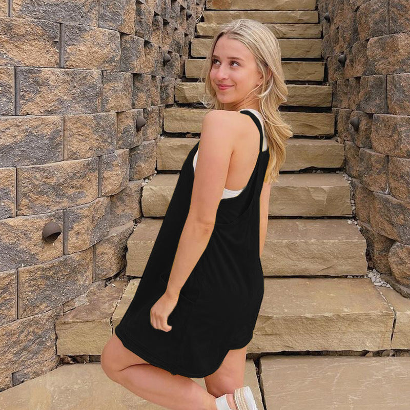 Damen ärmelloses Freizeitkleid mit Taschen und verstellbaren Trägern Drune