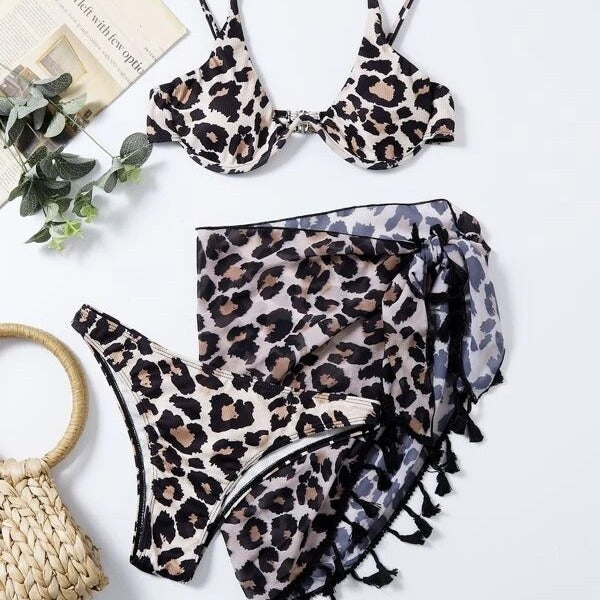 Damen Leo-Muster Bikini-Set mit transparenter Wickelröhre Drune