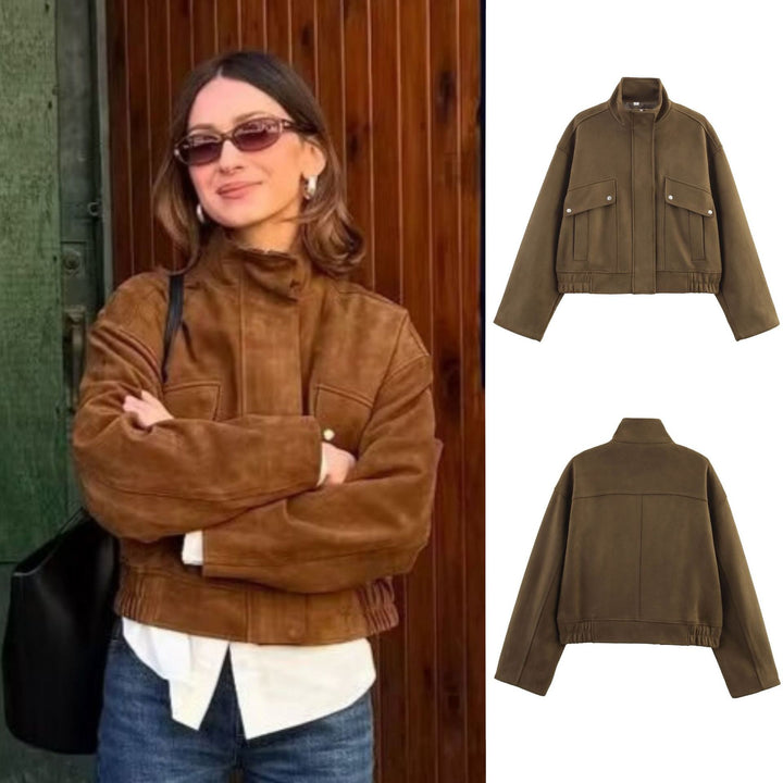 Damen nan kurze Oversize-Jacke in Wildlederoptik mit Stehkragen, aufgesetzten Pattentaschen und elastischem Bund Drune