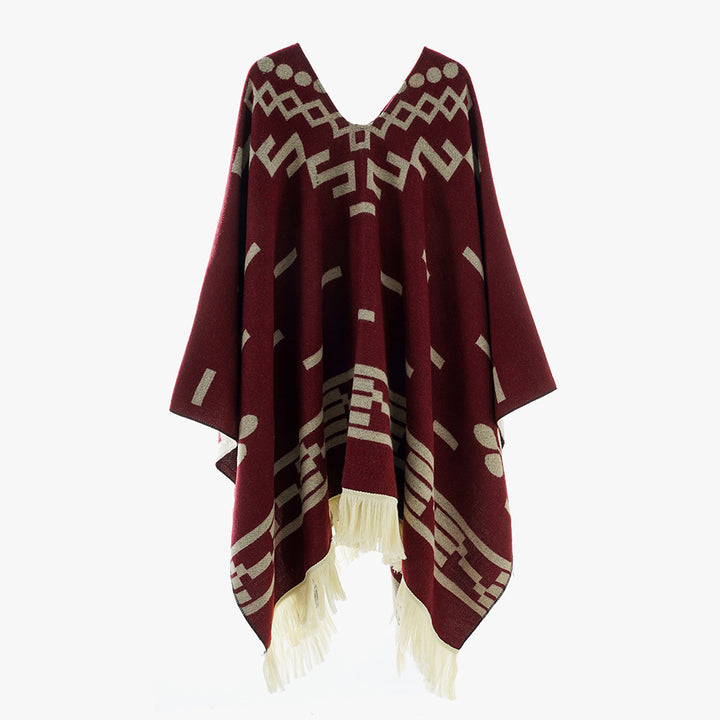 Damen V-Ausschnitt-Poncho im Jacquard-Strick mit Fransenabschluss Drune