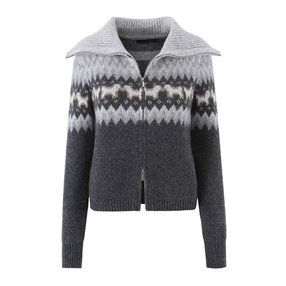 Damen Gestrickte Zip-Cardigan mit Norwegermuster und extra breitem Umlegekragen Drune