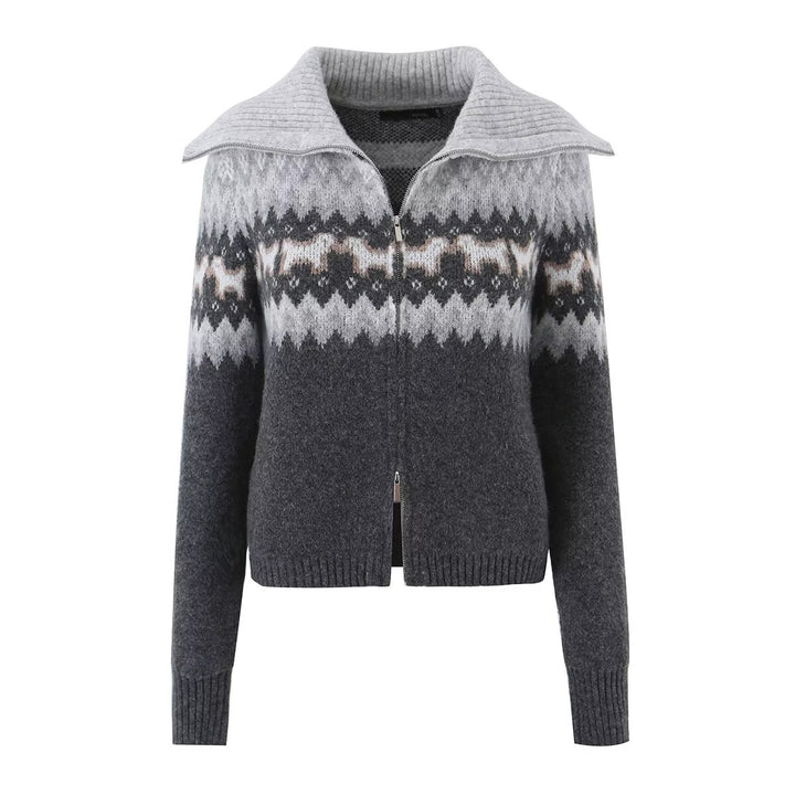 Damen Gestrickte Zip-Cardigan mit Norwegermuster und extra breitem Umlegekragen Drune