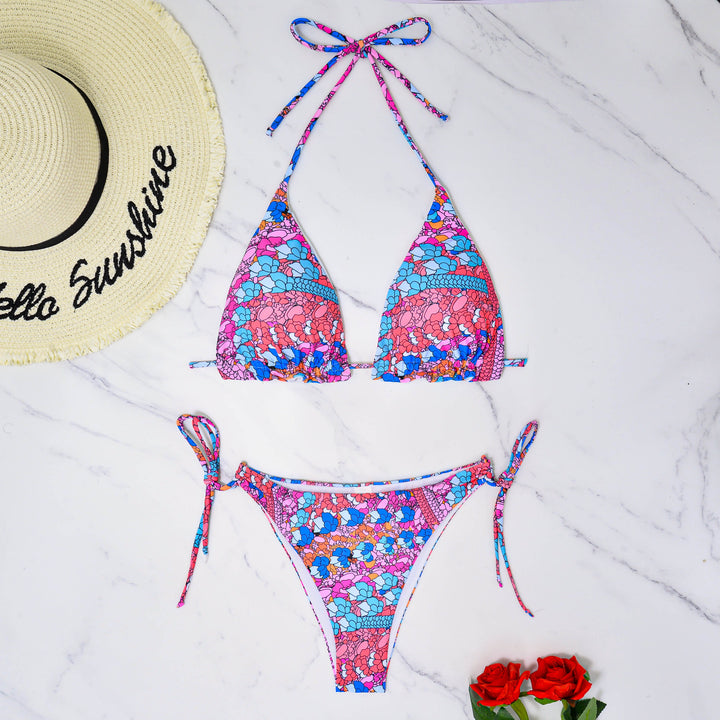 Damen Triangel-Bikini mit verspieltem floralem Muster und verstellbaren Bändern Drune