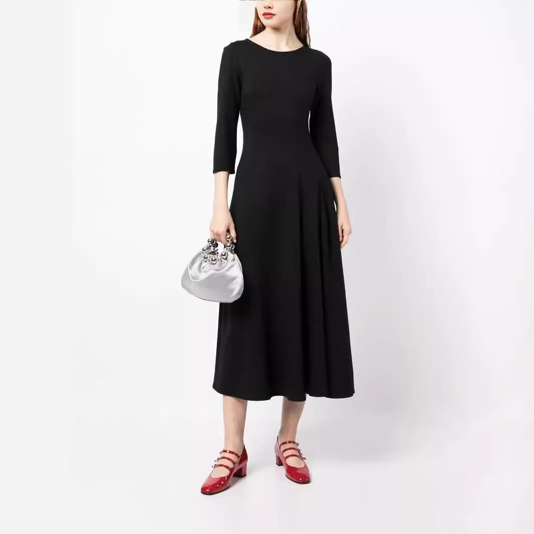 Damen Elegantes Midikleid mit tailliertem A-Linien-Schnitt und dreiviertel Ärmeln Drune