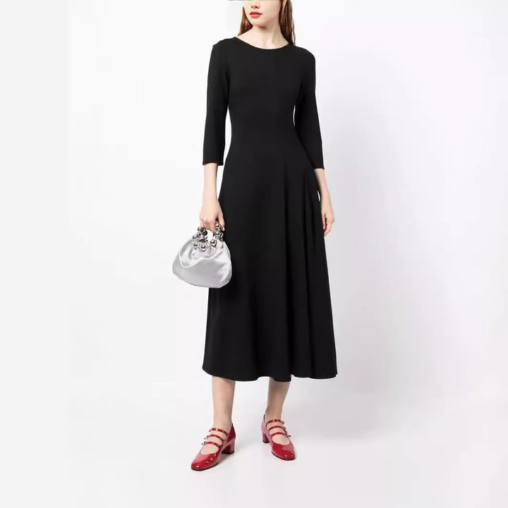 Damen Elegantes Midikleid mit tailliertem A-Linien-Schnitt und dreiviertel Ärmeln Drune