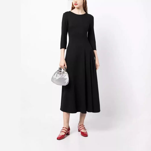 Damen Elegantes Midikleid mit tailliertem A-Linien-Schnitt und dreiviertel Ärmeln Drune
