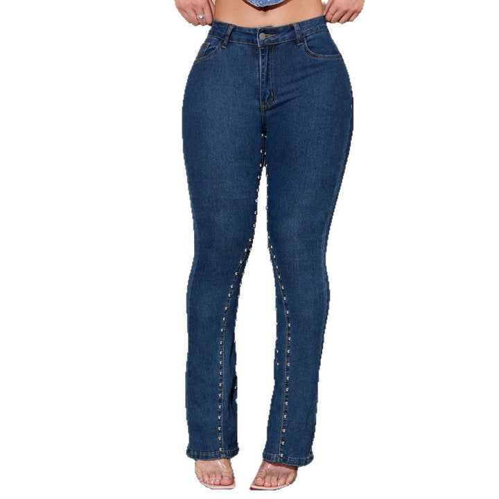 Damen hochtaillierte Jeanshose mit schmalem Oberschenkel, ausgestelltem Bein und vorderer Druckknopfleiste Drune