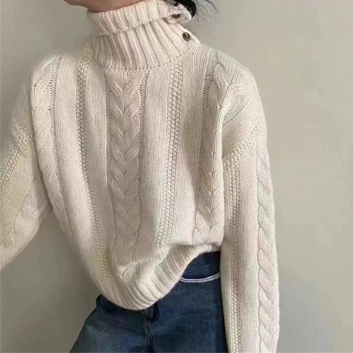 Damen Grobstrick Pullover mit hohem Kragen und Knopfdetails Drune
