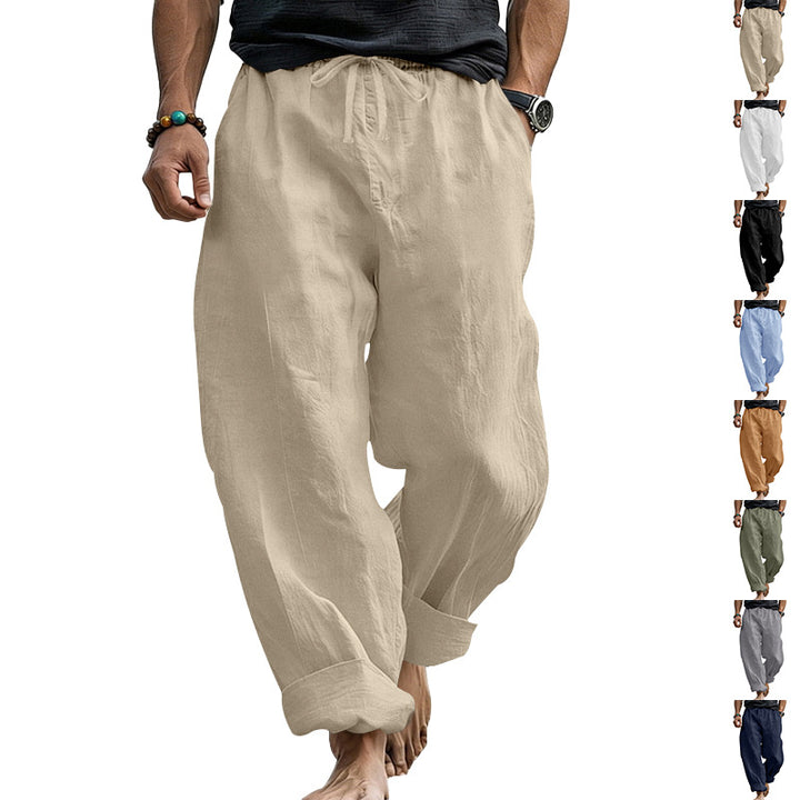 Herren Locker geschnittene Leinen-Loungehose mit Kordelzug, Umschlagsaum und Taschen Drune