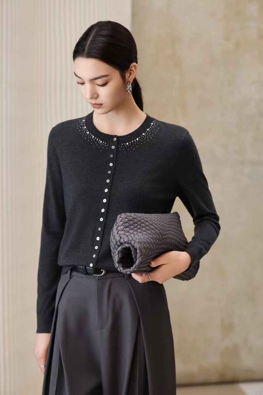 Damen Feiner Feinstrick-Cardigan mit Perlendekor am Rundhalsausschnitt Drune