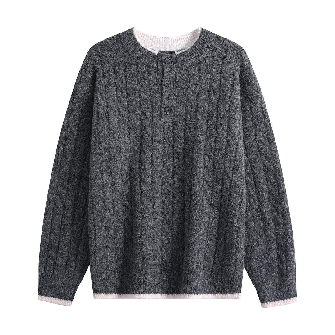 Damen Zopfmuster-Henley-Pullover mit Rundhalsausschnitt & Knopfleiste Drune