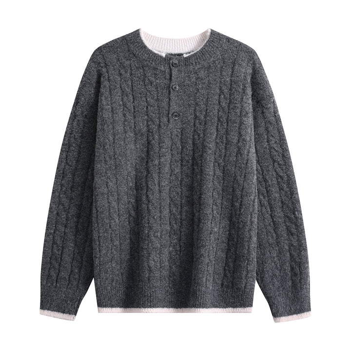 Damen Zopfmuster-Henley-Pullover mit Rundhalsausschnitt & Knopfleiste Drune