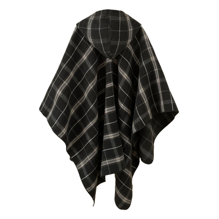 Damen Kapuzen-Poncho mit Karomuster, weichfallender Wollmix und offenem Oversize-Fall Drune