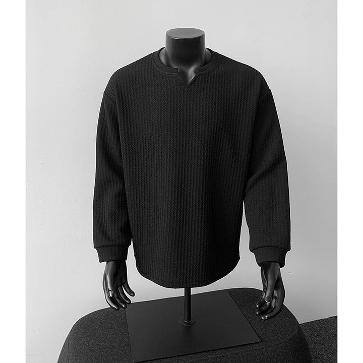 Herren nan grobstrukturierter Strickpullover mit V-förmigem Schlitzkragen und gerundetem Saum Drune