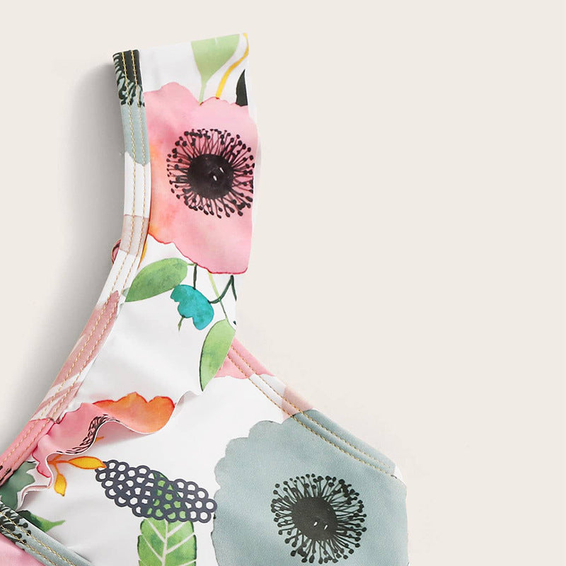 Damen Zweiteiliges Blumen-Bikini-Set mit tailliertem Oberteil und Rüschenslip Drune