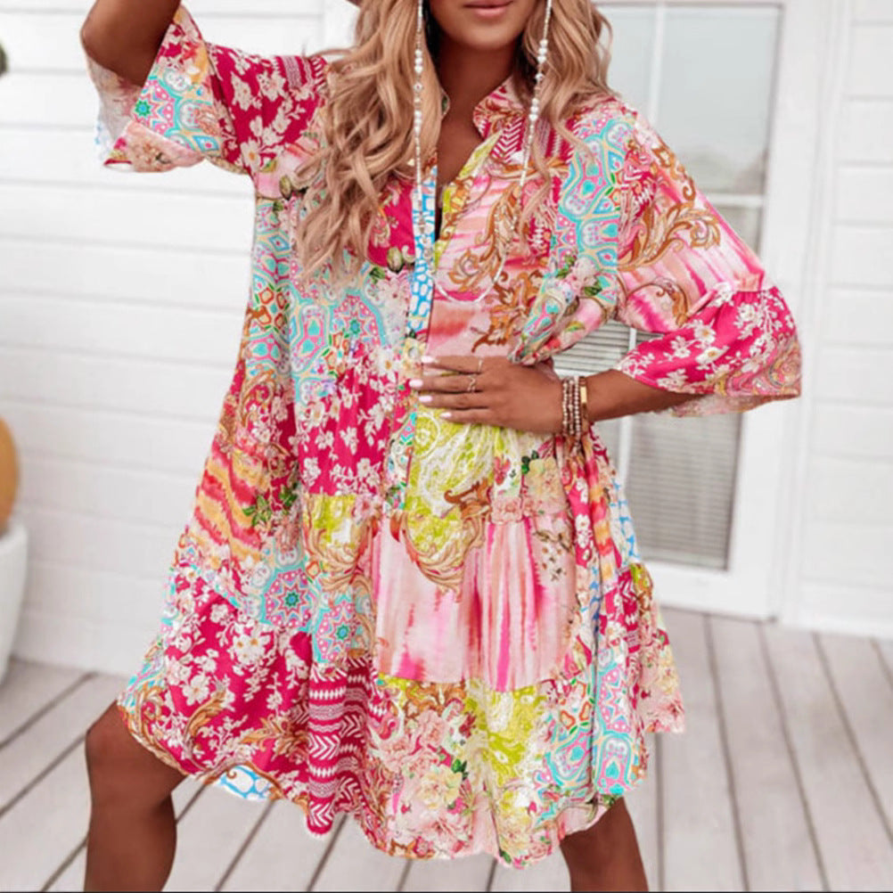 Damen nan Luftiges Stufenkleid im Patchwork-Boho-Stil mit Stehkragen, geraffter Taillennaht und Dreiviertelärmeln Drune