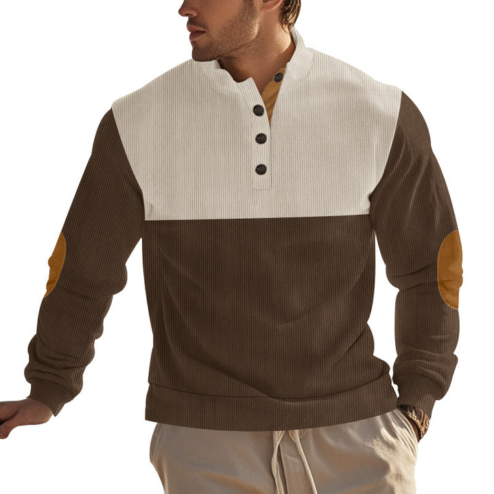 Herren nan strukturiertes Henley-Sweatshirt mit Stehkragen, Knopfleiste und Leder-Ellenbogenpatches Drune