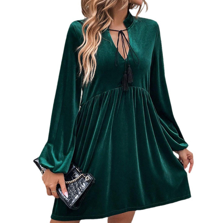 Damen samtiges Babydoll-Minikleid mit Empire-Taille Quastenbindung und langen Glockenärmeln Drune