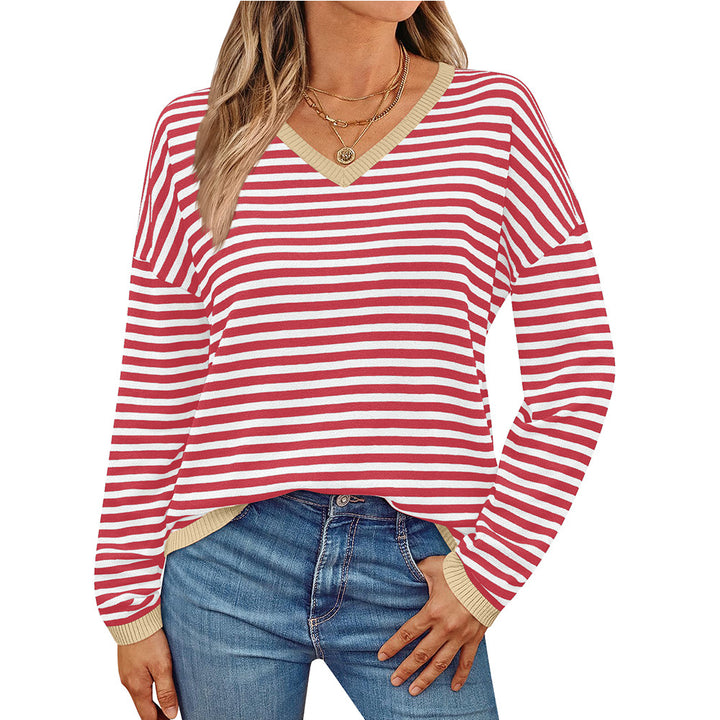 Damen lässiger Pullover mit niedrigem V-Ausschnitt und buntem Streifenmuster Drune