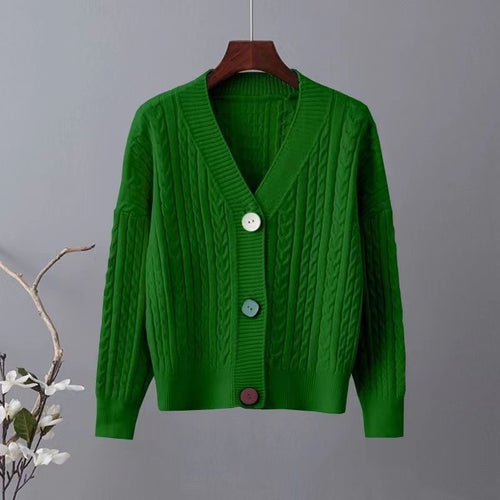 Damen Grobstrickjacke mit V-Ausschnitt und dekorativen Knöpfen Drune