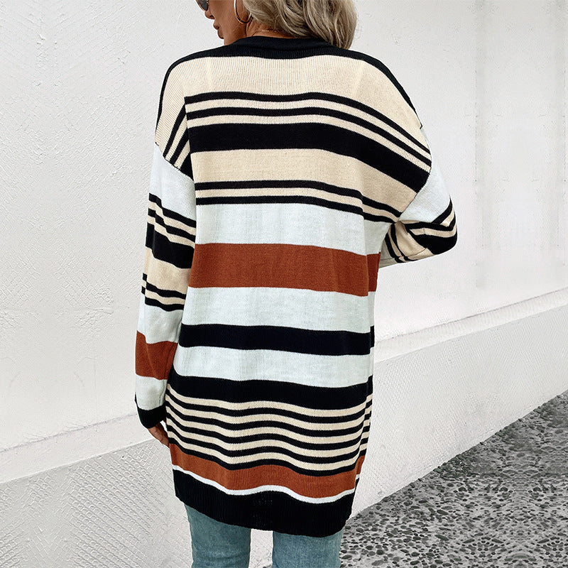 Damen Oversize Strickcardigan mit Blockstreifen, offener Front und langen Ärmeln Drune