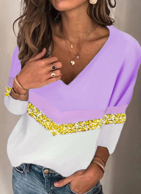 Damen Stylischer V-Ausschnitt Feinstrickpullover mit Glitzerband und Colorblock-Einsatz Drune