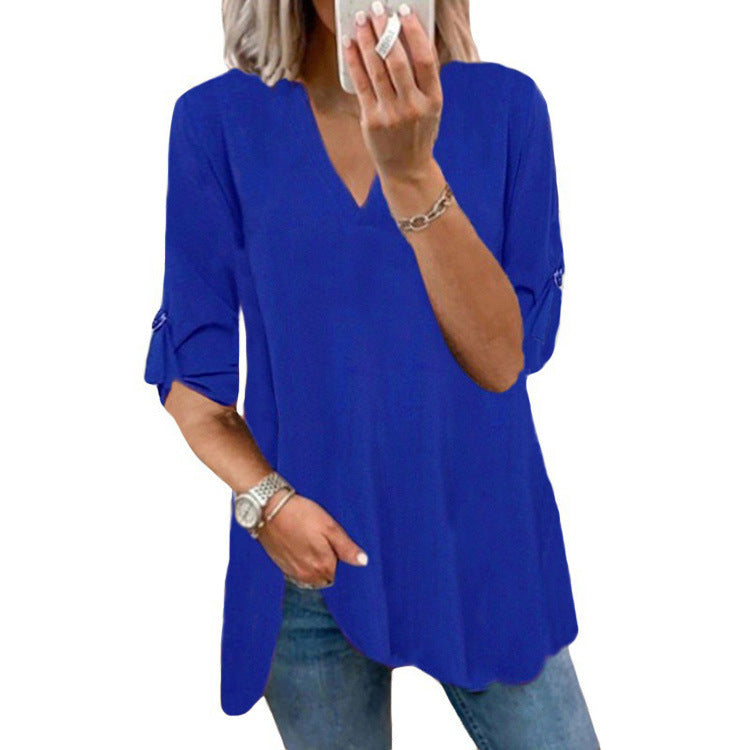 Damen lässiges V-Ausschnitt T-Shirt mit Rüschendetail Drune