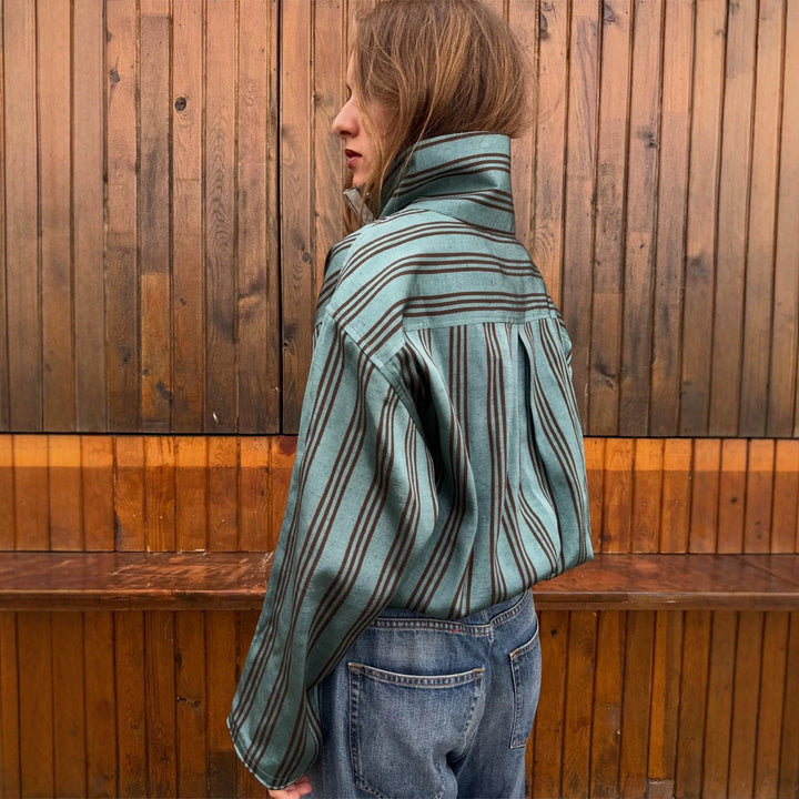 Damen Oversized Streifen-Pullover mit Halbreißverschluss, Stehkragen und Kängurutasche Drune