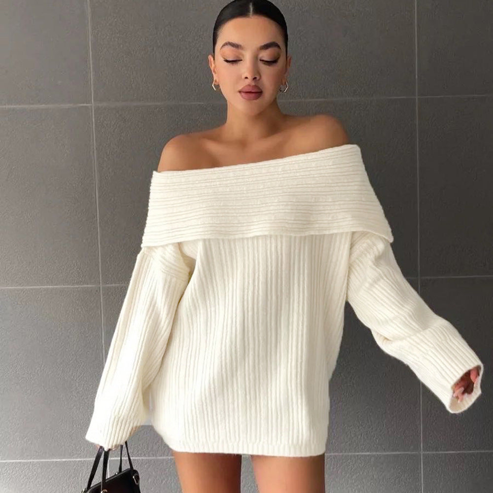 Damen Oversized Strickpullover mit schulterfreiem Design und feiner Rippstruktur Drune