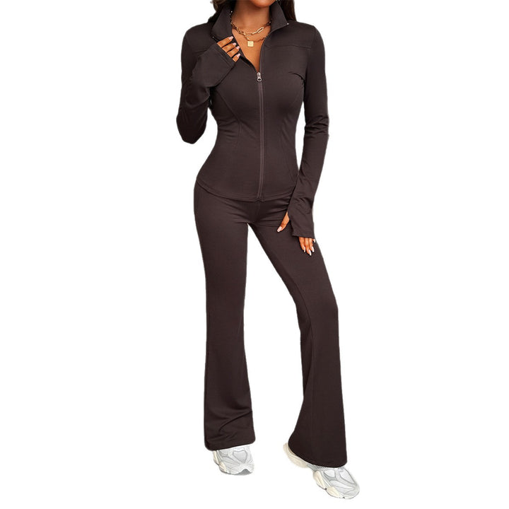 Damen nan figurbetontes Stretch-Joggingset mit taillierter Reißverschluss-Jacke und ausgestellter Schlaghose Drune
