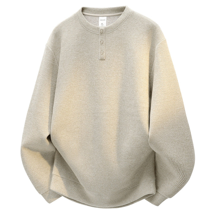 Herren Oversize Strukturierter Henley-Strickpullover mit dreifacher Knopfleiste Drune