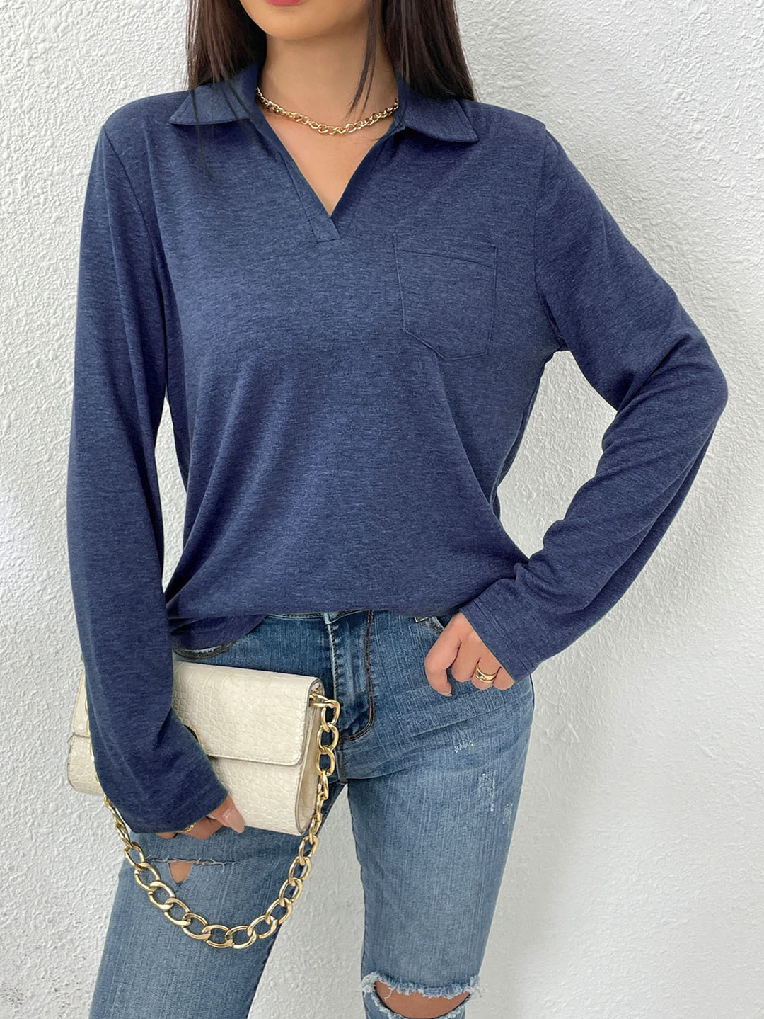 Damen Langarmbluse mit modernem Kragen und Brusttasche Drune