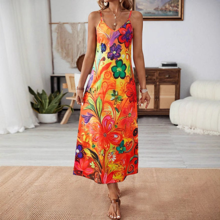 Damen Maxikleid mit buntem Blumenmuster und Spaghettiträgern Drune