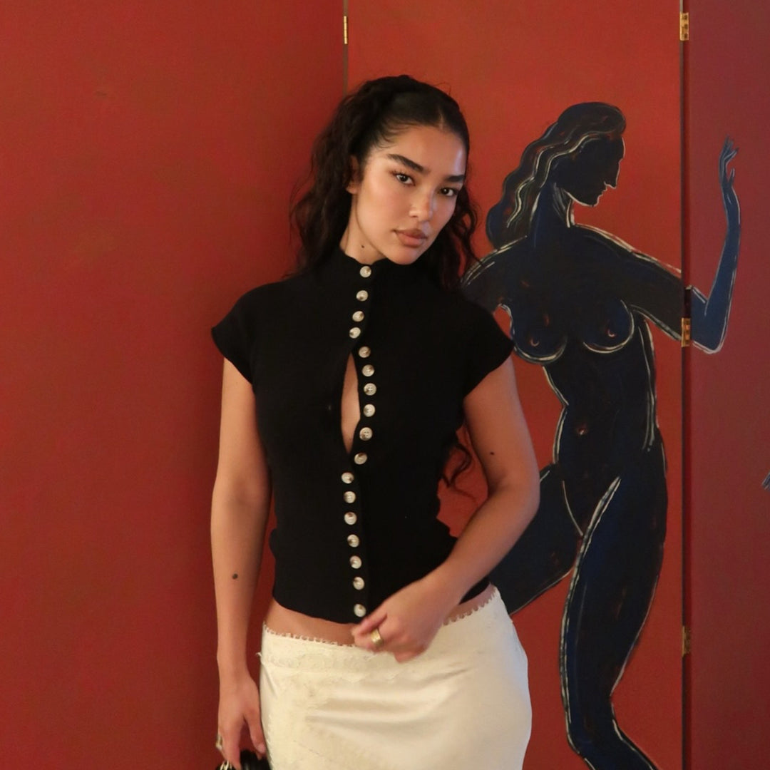 Damen Stehkragen Bluse mit Knopfleiste Drune