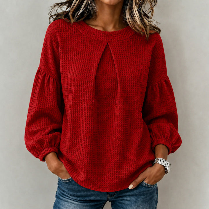 Damen Lockeres Waffelstrick-Sweatshirt mit Vorderfalte und Ballonärmeln Drune