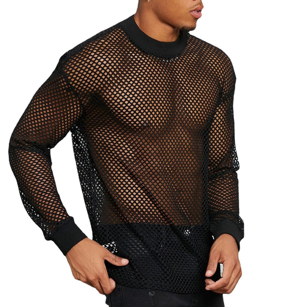 Herren nan transparentes Netz-Langarmshirt mit Rundhals und gerippten Bündchen Drune