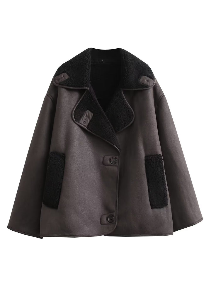 Damen Kurzjacke im Lammfell-Look mit Umlegekragen und seitlichen Eingrifftaschen Drune