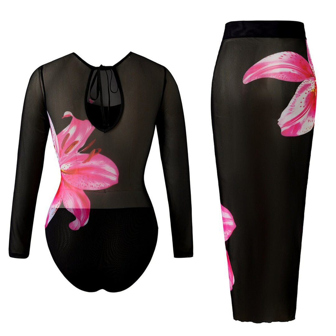 Damen Eleganter Badeanzug mit langem Arm und transparente Wickelrock Drune