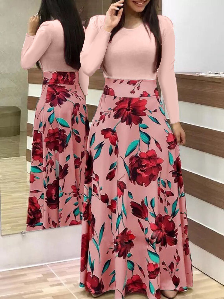 Damen Zweiteilig wirkendes Maxikleid mit figurbetontem Jersey-Oberteil und weitem Blumenrock Drune
