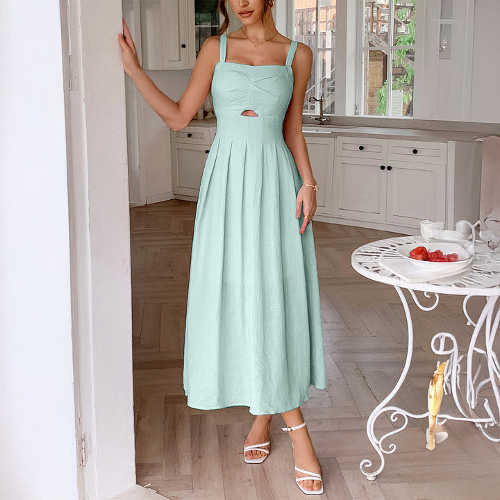 Damen Knielanges Leinenkleid mit ausgestelltem Rock und V-Ausschnitt Drune