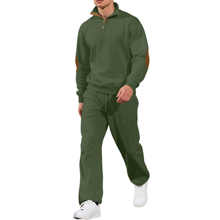 Herren nan feiner Rippstrickpullover mit halber Knopfleiste hohem Stehkragen und kontrastierendem Suedine-Ellbogenbesatz Drune