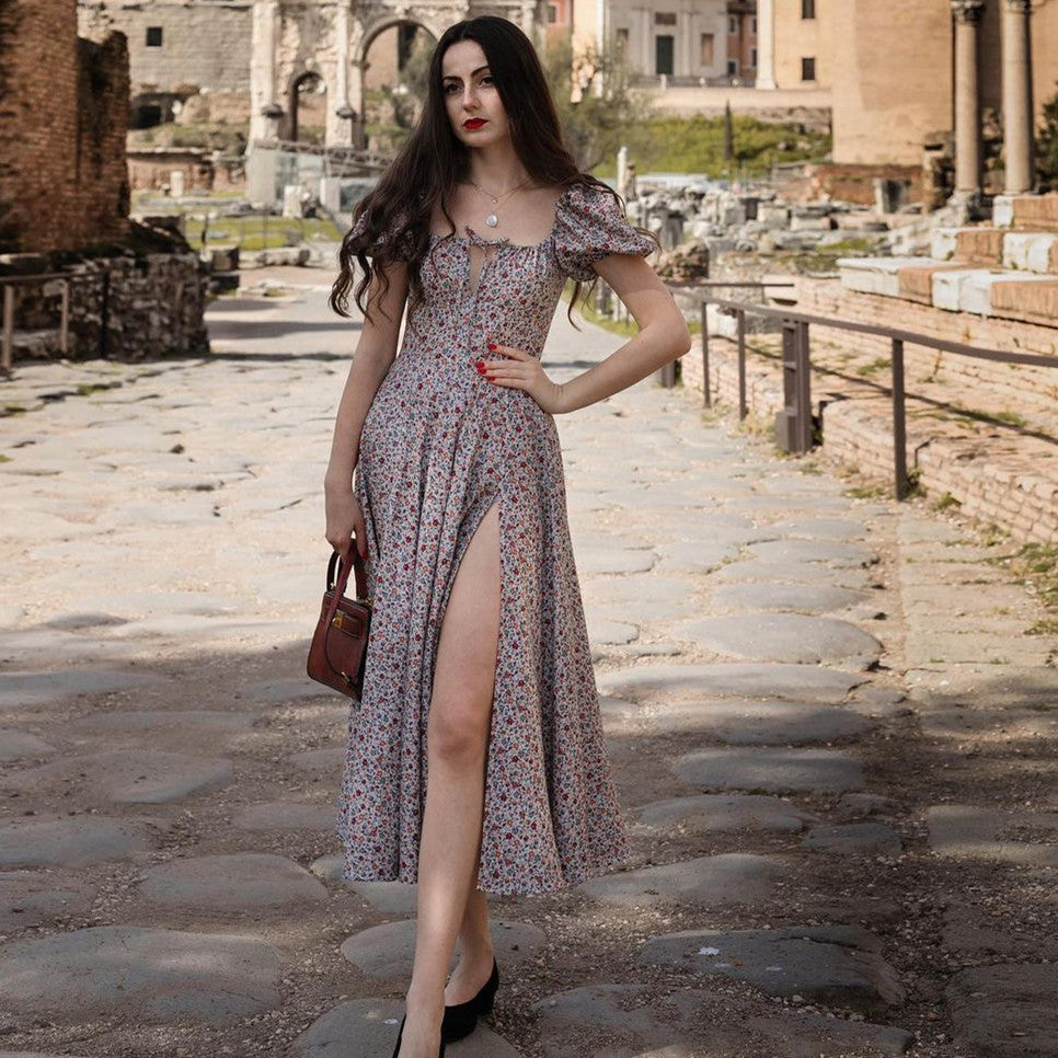 Damen romantisches Maxi-Kleid mit elastischen Puffärmeln und zartem Blumendruck Drune