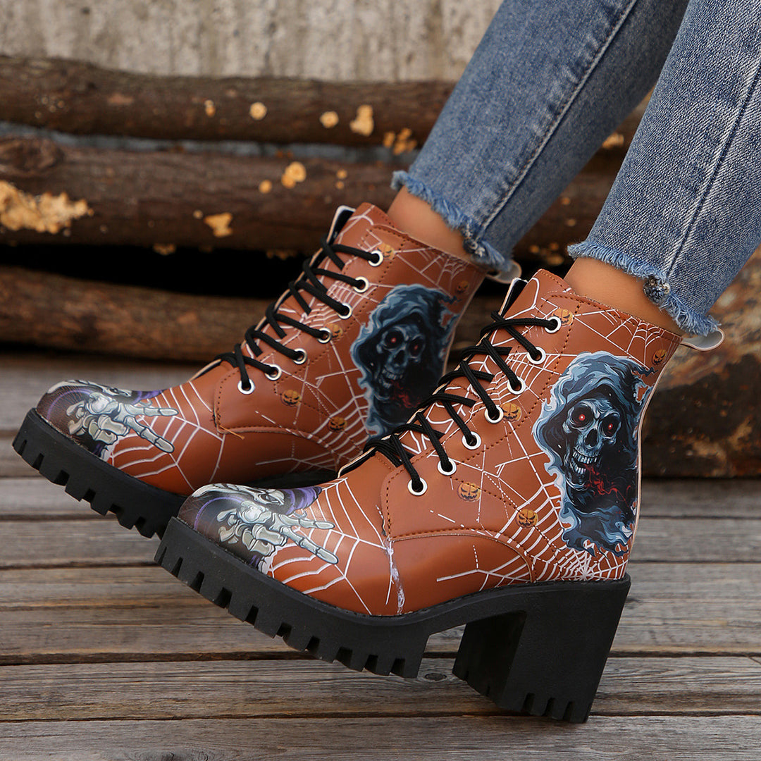 Damen Schnürstiefel mit Halloween-Motiv und robustem Blockabsatz Drune