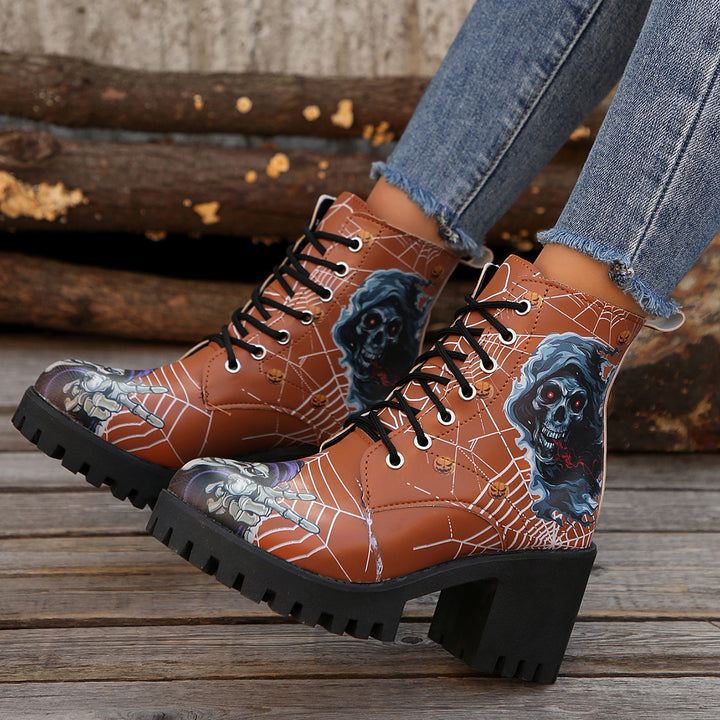 Damen Schnürstiefel mit Halloween-Motiv und robustem Blockabsatz Drune